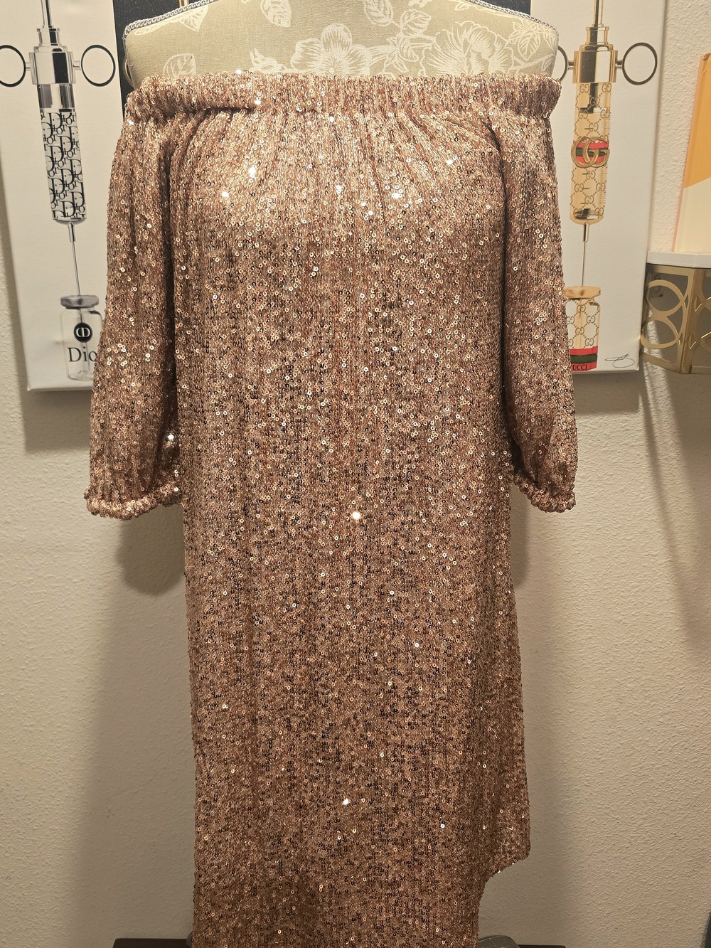 Off-Shoulder Rose Gold Sequin Party Dress